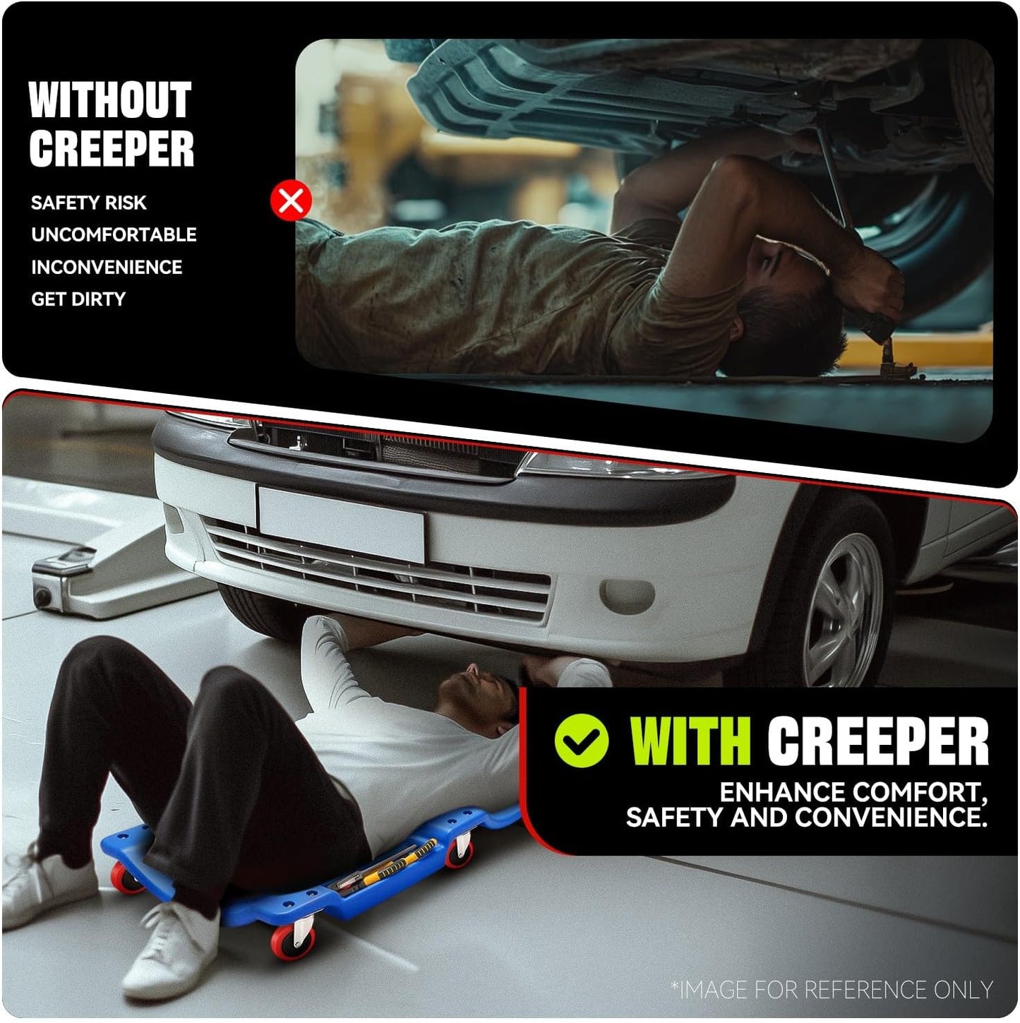 Auto Dynasty 36 Inches Mechanic Creeper, Automotive Garage Repair Low Profile Under Car Rolling Creeper with Padded Headrest, Plastic, Blue