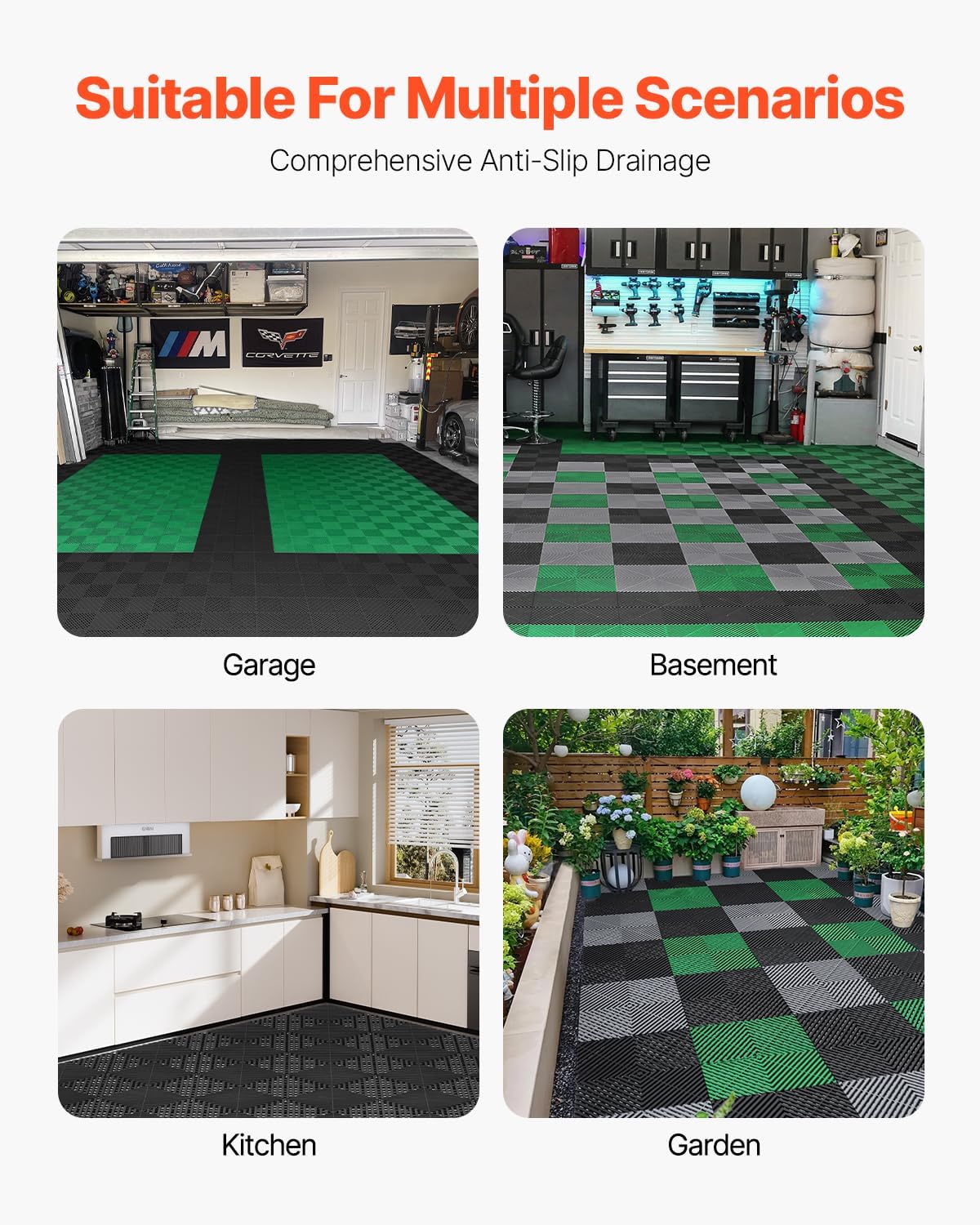 VEVOR Interlocking Drainage Mat, 12” x 12” Modular Interlocking Cushion, 12 Pcs Splicing Drainage Mats, Non-Slip Black PP Drainage Floor Tile and Shower Mat, for Garage, Garden, Kitchen & Outdoor