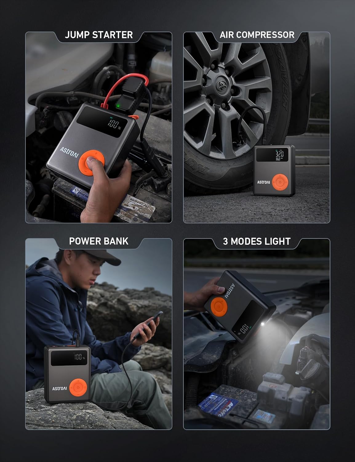 AstroAI Portable Car Jump Starter with Air Compressor, 150PSI 1750A Car Jumper Starter Battery Pack with Cordless Tire Inflator (7.5 Gas/5.0L Diesel), 12V Jump Box, Large LCD Display, Lights