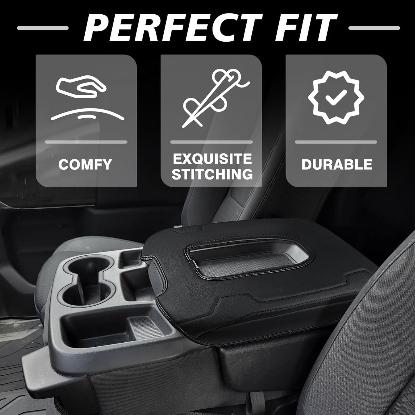 Muslogy Center Console Armrest Cover Compatible with Chevy Silverado & GMC Sierra 2019-2025 Comfort Armrest Pad Arm Rest Cushion Vegan Leather Protector Regular Thick(Jump Seat ONLY)