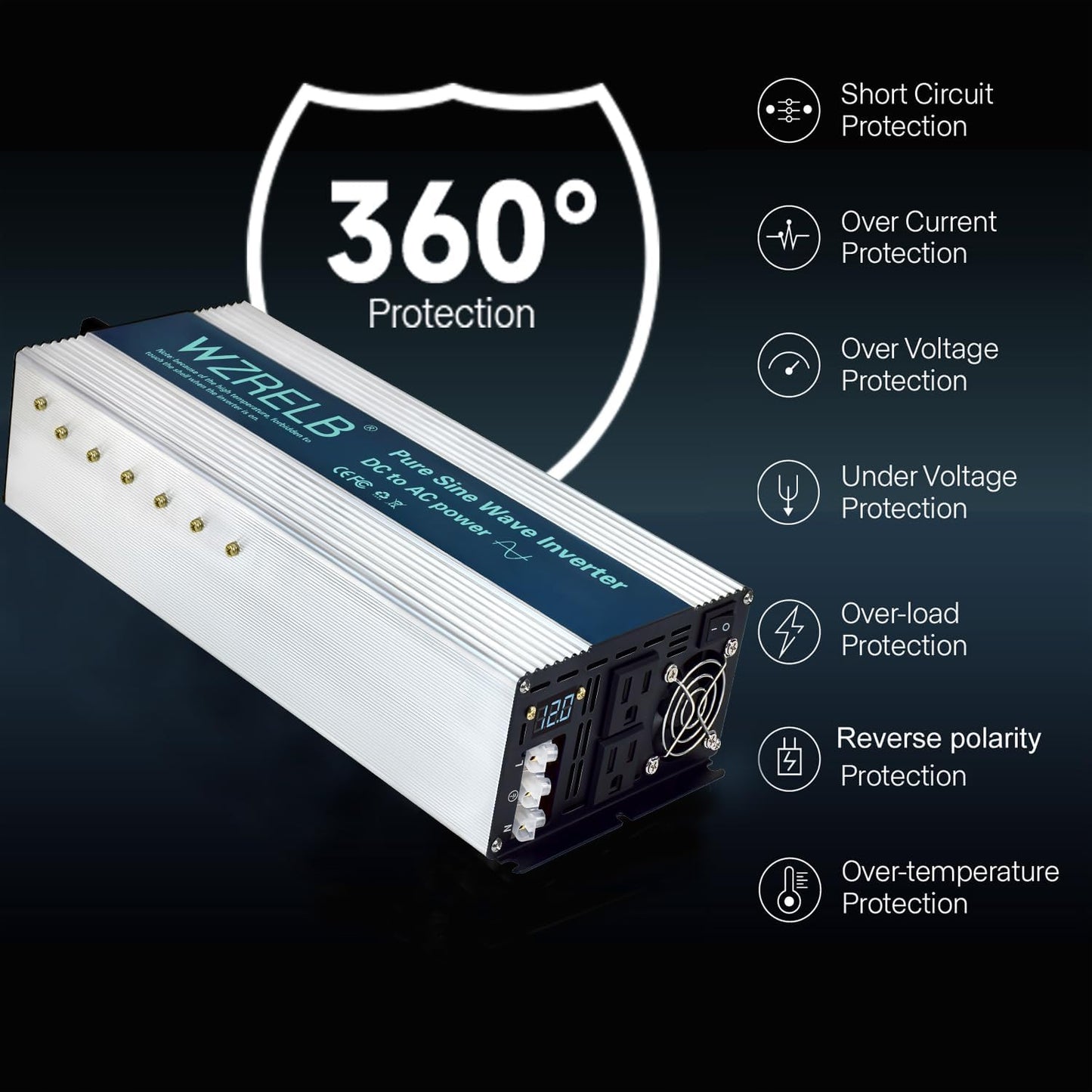 WZRELB 4000W Pure Sine Wave Inverter, Car Power Inverter 12V DC to 110V 120V AC Converter for RV, Truck, Solar, Outdoor with Dual AC Outlets, Hardwire Port, Surge 8000W, LED Display,Off-Grid