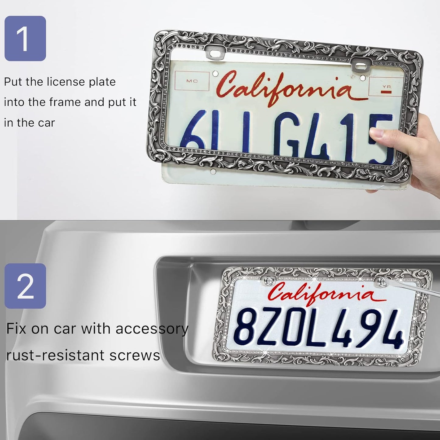 Valor Metal Car License Plate Frames,Antique Old Pattern Printing, Bling Crystal Rhinestones Inlaid,Universal 2 Holes Automotive Replacement Parts Plate Holder(2 Pack)