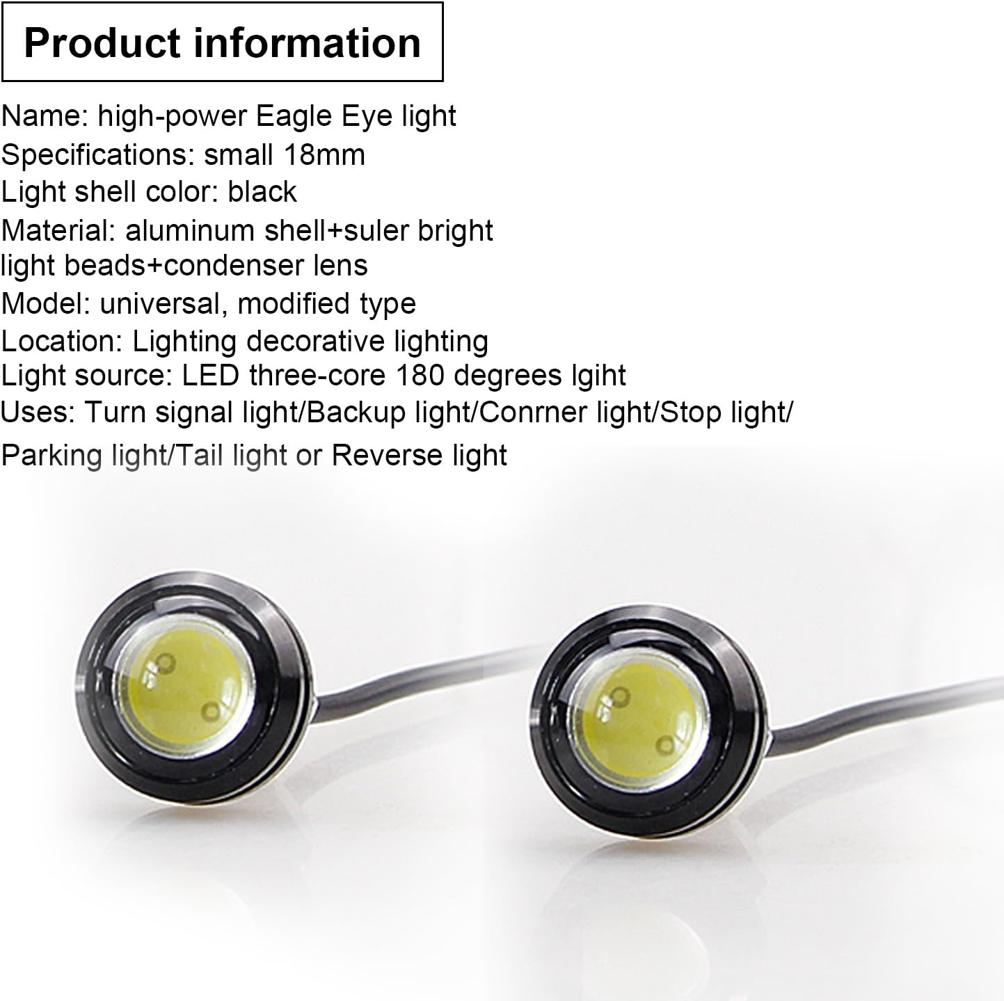 LEADTOPS 10Pcs 18mm 12V Eagle Eye LED Car Fog DRL Daytime Running Light Backup Reverse Tail Rock Lights Small bulb (White, Black Case)