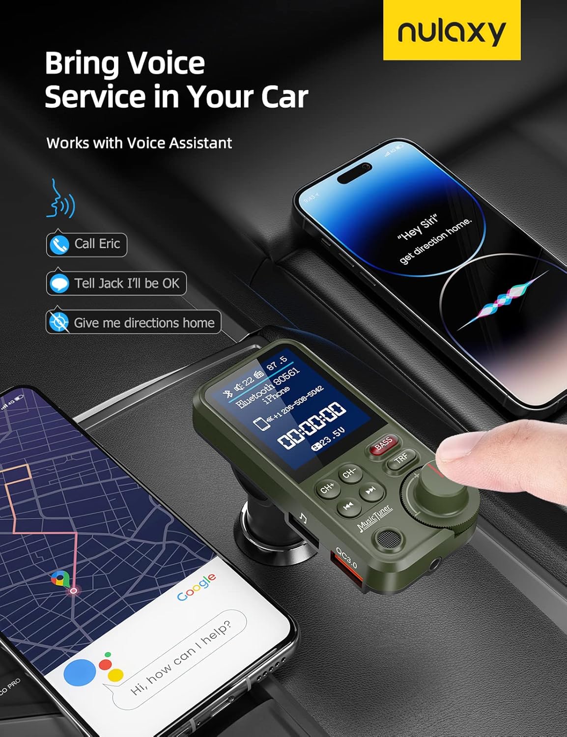Nulaxy FM Bluetooth Transmitter for car, Strong Microphone Bluetooth Car Adapter with 1.8" Color Screen for Hands-Free Calls, Supports QC3.0 Charging, Treble and Bass Sound Music Player- KM30 Green