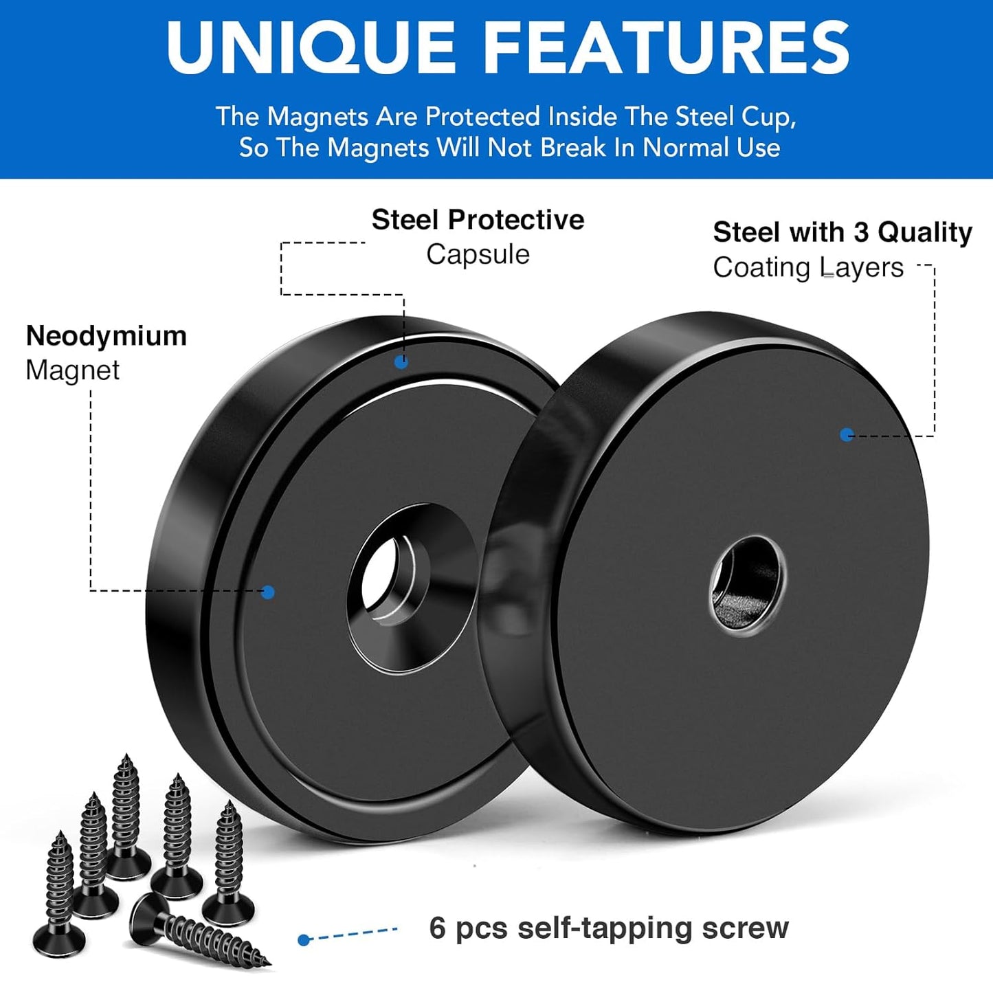 MIKEDE Heavy Duty Magnets with Hole, 150LB Strong Magnets, Black Pot Magnet with Screw for Wall Mounting, Rare Earth Magnet Round Base Cup Magnet for Holding Tools Lifting, Door - 6 Pack