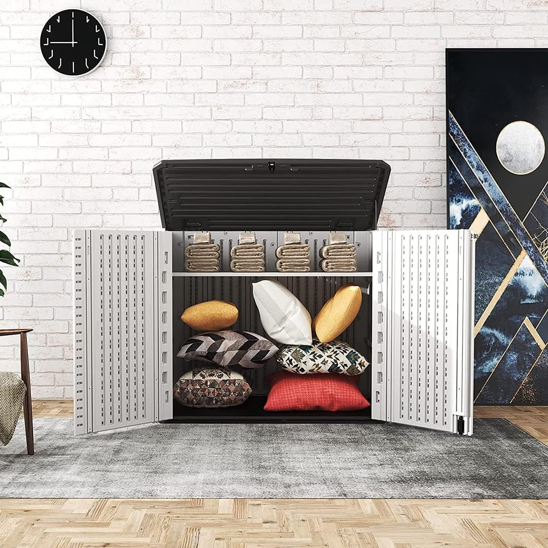 KINYING Outdoor Storage Shed - Horizontal Storage Box Waterproof for Garden, Patios, Backyards, Multi-Opening Door for Easy Storage of Bike, Garbage Cans, Tools, Lawn Mower, Off-White, 26 Cubic Feet