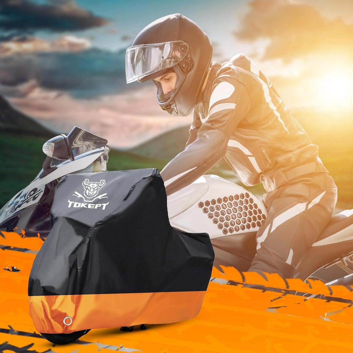 Motorcycle Cover, All-Season Waterproof Outdoor Sun Protection Fit up to 104 Inch Harley-Davidson Honda Suzuki Kawasaki Yamaha (XXL Black&Orange)