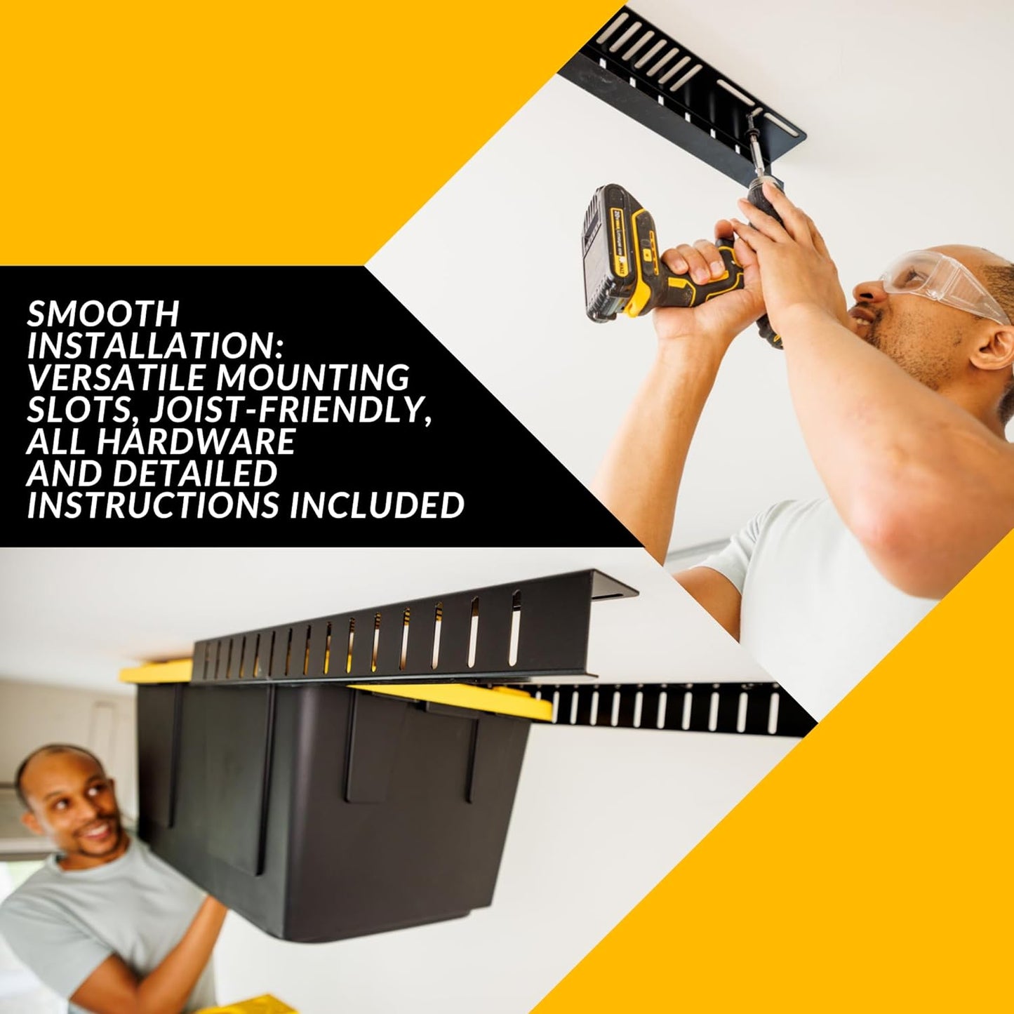 Overhead Bin Rack - Ceiling Mount Overhead Garage Storage Rack | Adjustable Width and Orientation | Heavy Duty Ceiling Bin Storage Rails | Fits Black & Yellow Storage Bins | USA Designed (4 Bins)