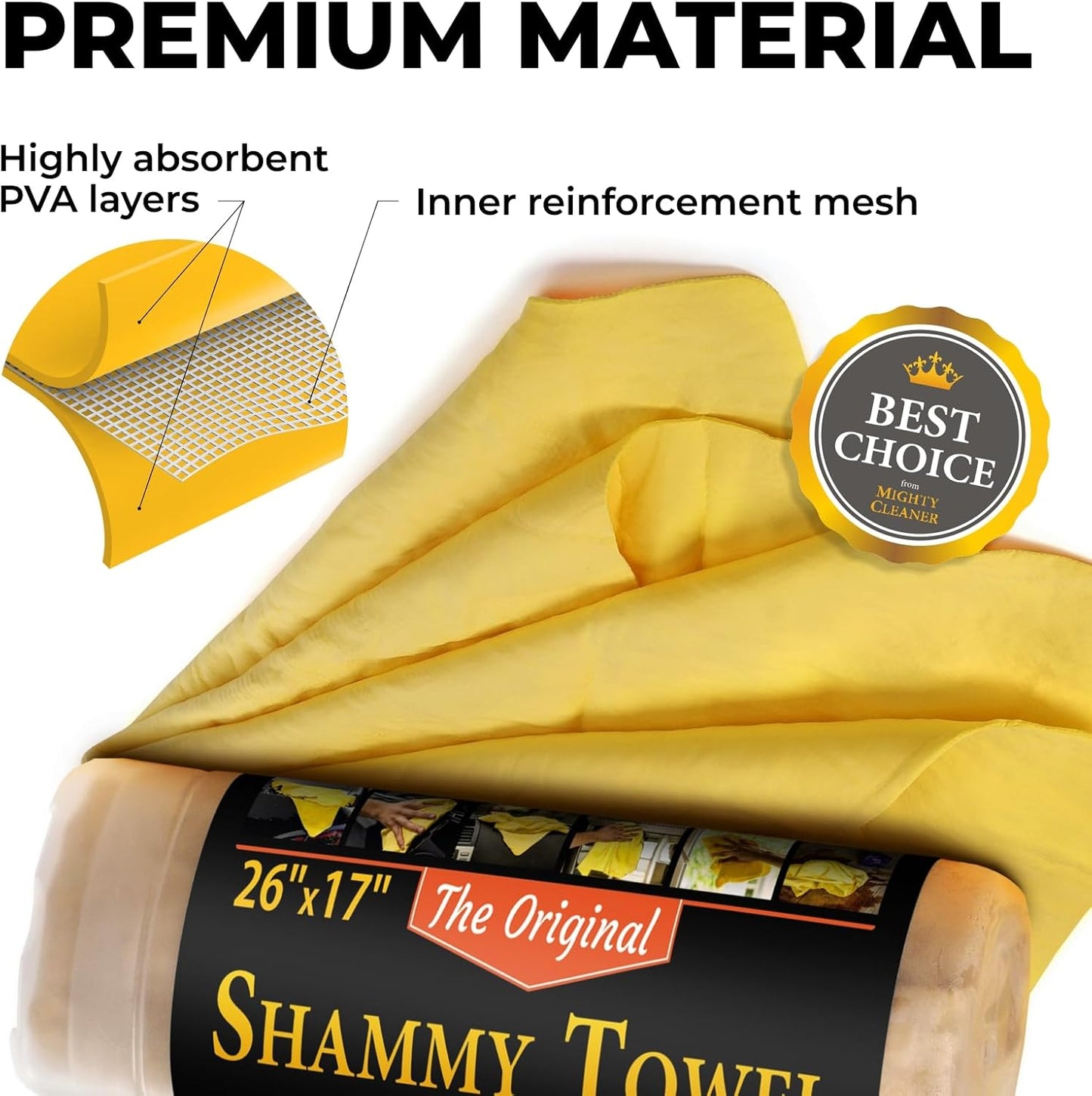 Premium Shammy Cloth for Car Drying - 26”x17” - Super Absorbent Chamois Towel for Car - Scratch-Free, Reusable & Soft