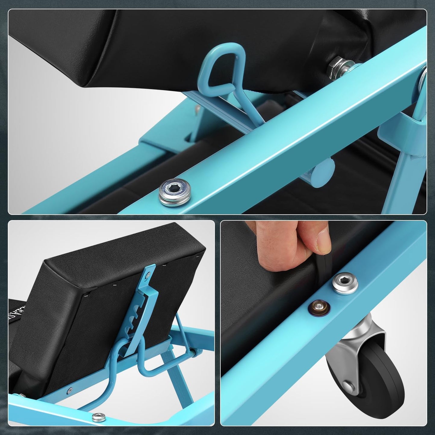 DNA MOTORING 48" 2 IN 1 Folding Rolling Garage Shop Creeper Roller Seat, 7 Pcs 2" Casters, 350 Lbs Weight Capacity, Tiffany Blue, TOOLS-00193-TB