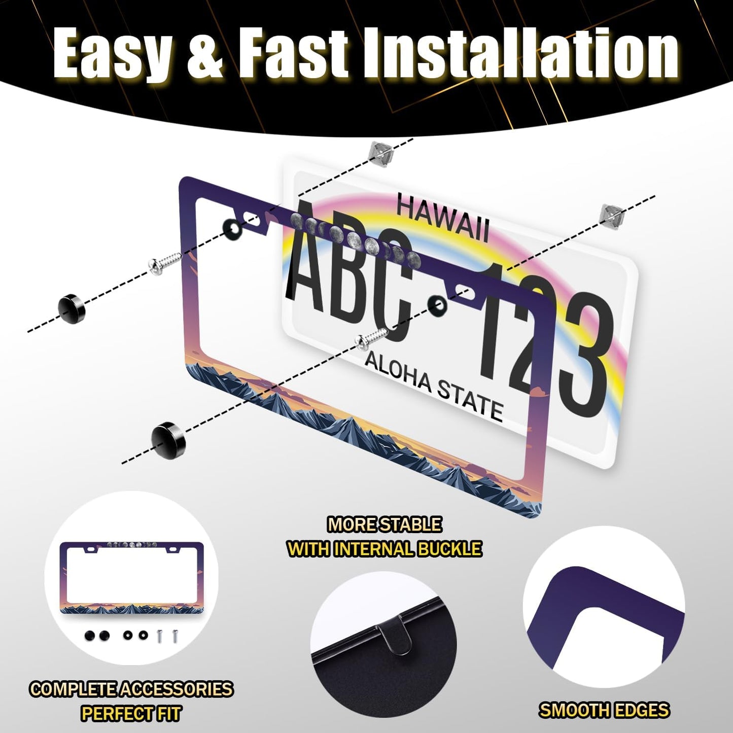 Moon Phase License Plate Frame Mountain Night Stars License Plate Holder Front and Rear Car Tags Stainless Steel Auto Parts Funny License Plate Decoration with Screws Men Women 12.2"x 6.2"