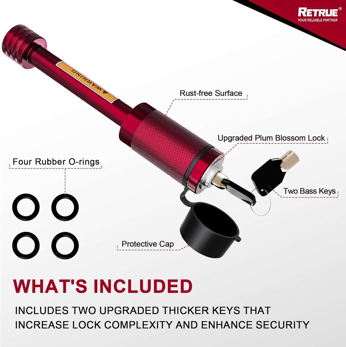 RETRUE Trailer Hitch Locks, 5/8" Locking Hitch Pin for 2 Inch and 2 1/2” Receiver Class III IV Hitch, Tow Hitch Lock with Keys O-Rings, Trailer Accessories for Outdoor,Red