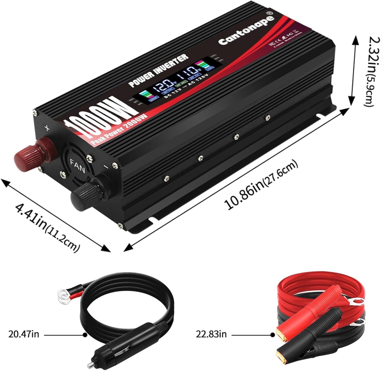 1000W/2000W(Peak) Car Power Inverter DC 12V to 110V/120V AC Converter with LCD Display Dual AC Outlets and Dual USB Car Charger for Car Camping Laptop Truck Black