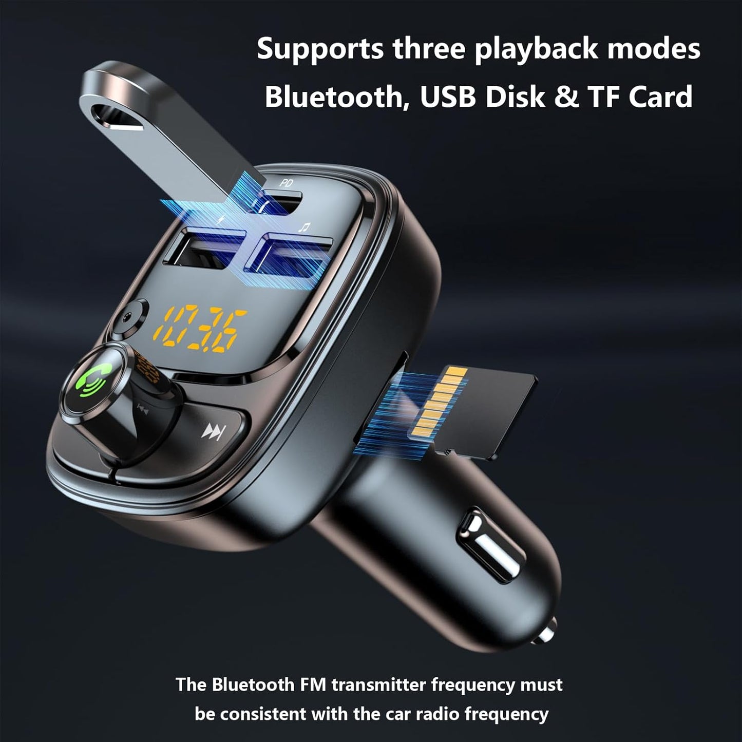 Bluetooth 5.3 FM Transmitter Car Adapter, Wireless Radio MP3 Player Stereo Music Audio Receiver Hands Free Calling, 42W (PD 30W & 12W) USB C Car Charger for iPhone, Support TF Card & USB Disk (Black)