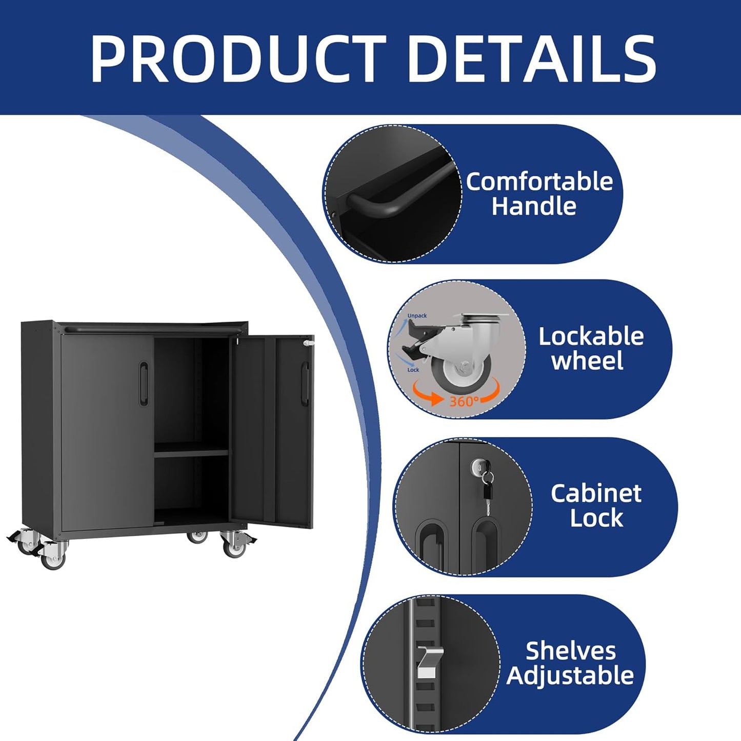 Metal Garage Storage Cabinet with Wheels,Locking Rolling Tool Cabinet with Drawers and Shelves for Home, Office, Garage & Workshop
