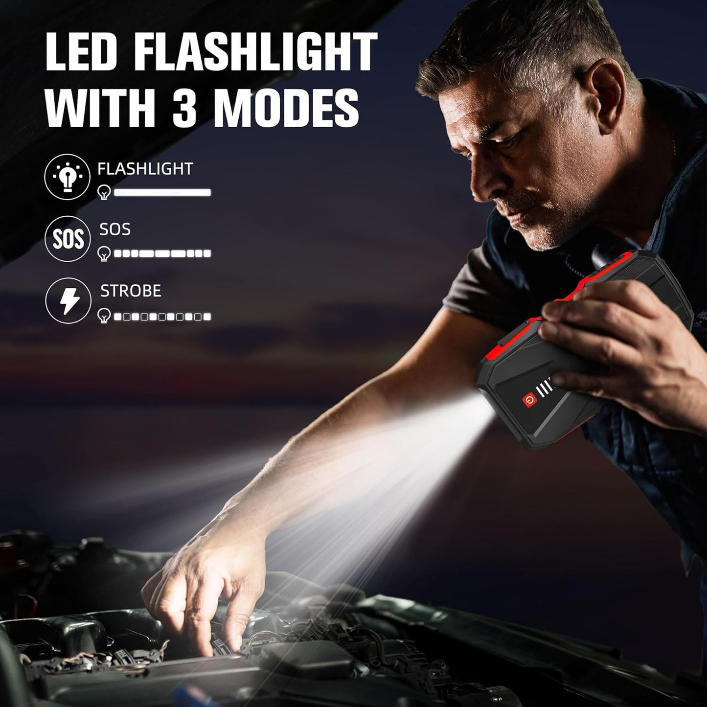 ASPERX 3000A Jump Starter for Car Battery, 12V Portable Jump Box with LED Light & Smart Jumper Cables, BMS for Up to 10.0L Gas or 8.0L Diesel Engines-Red