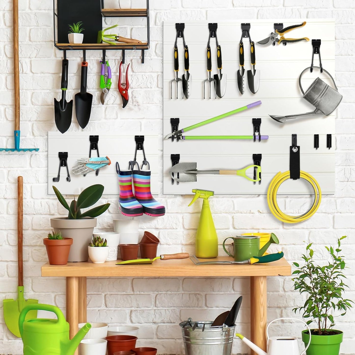 Landhoow 26 Pack Slatwall Accessories, 24 Pcs Multi Size Heavy Duty Slat Wall Hanging Hooks & Hangers with 2 Pcs Storage Straps for Storage Garage Wall Organization Garden Home Slatwall Paneling