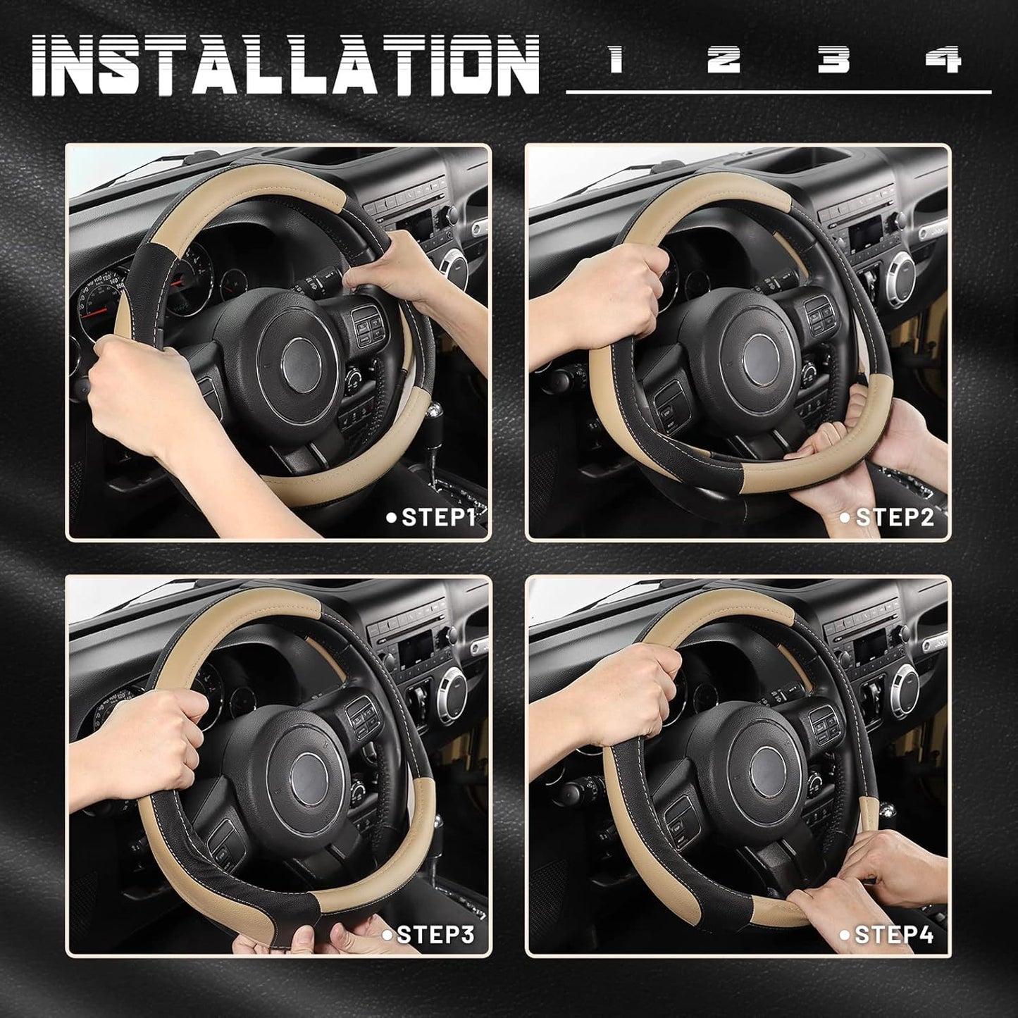 SEG Direct Car Steering Wheel Cover for F-150 Tundra Range Rover 15.5-16 inch, Black and Beige Microfiber Leather