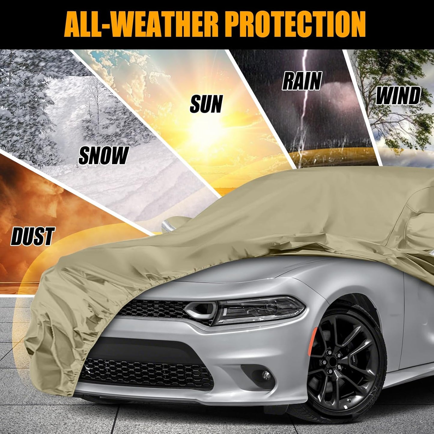 Waterproof Car Covers Replace for 2006-2025 Dodge Charger/Chrysler 300 300C, Multilayer Heavy Duty with Cotton Liner All Weather Car Cover with Zipper Door, Windproof Bands for Snow Rain Protection