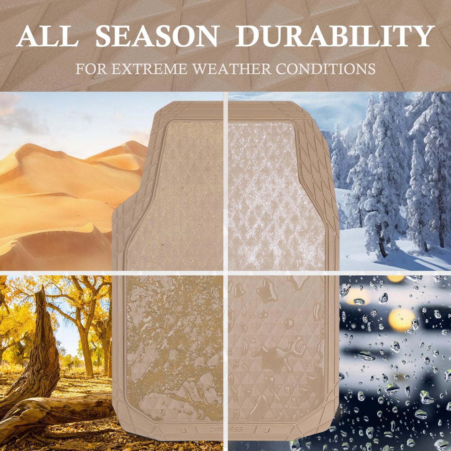 CAR PASS Beige Rubber Car Mats, All-Weather Floor Mats Full Set Durable Anti-Slip 3D Rhombus Waterproof Automotive Pad Trim to Fit Liner Universal Fit for Sedan SUV Truck Van, 4 Pcs All Beige Rubber