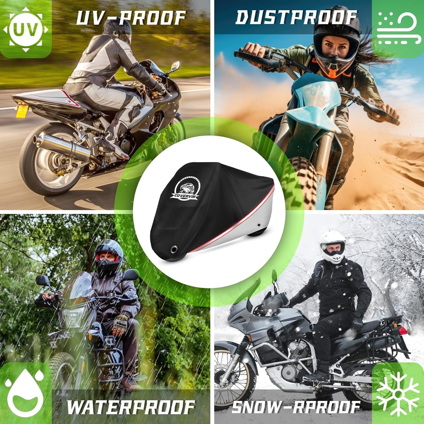 COVERVIN Motorcycle Cover, All Weather Outdoor Waterproof Night Protection with Reflective Strips, Locking Holes and Storage Bag for 116 Inch Suzuki, Kawasaki, Honda, Harley-Davidson(Silver XXXL)