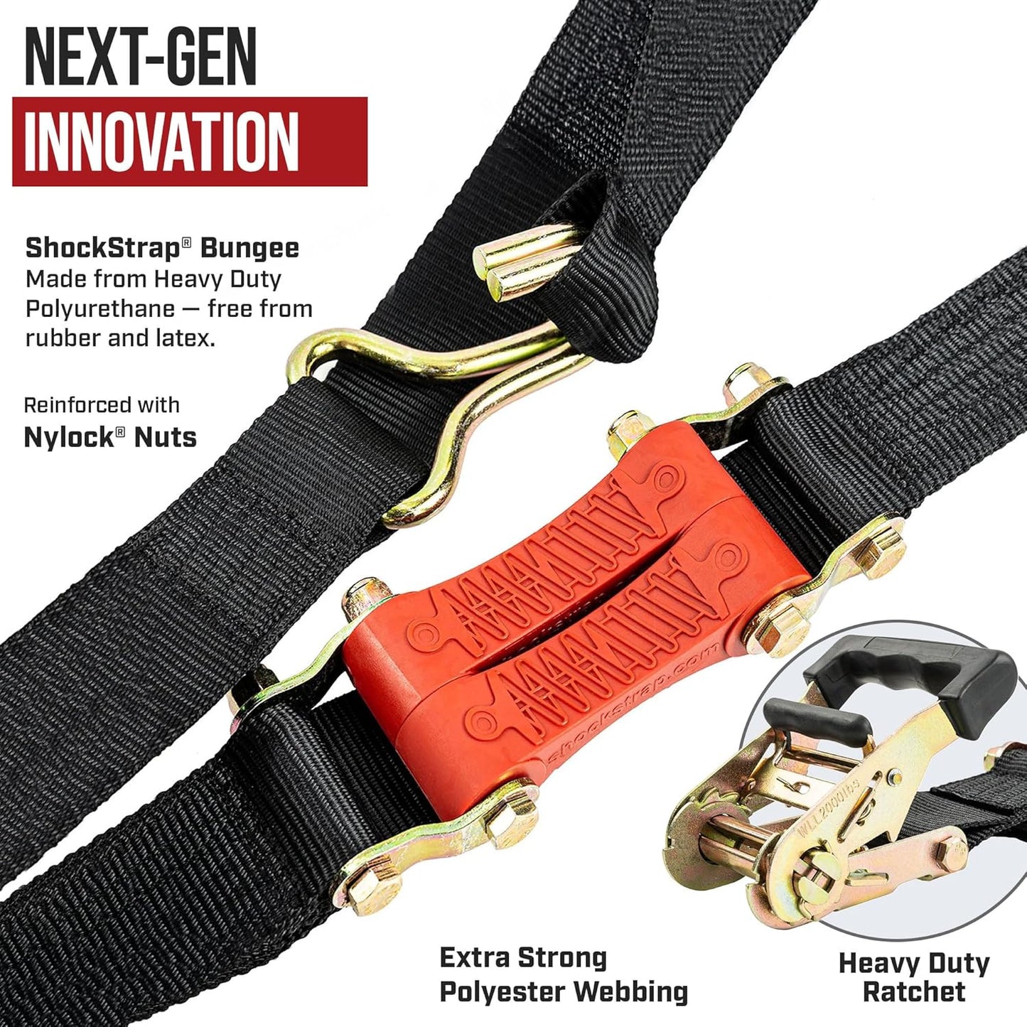 Ratchet Strap, 9’ x 2” Shock Absorbing Heavy Duty Tie downs for Cargo, 2,000 LB WLL / 6,000 LB Break Strength, 2-Pack