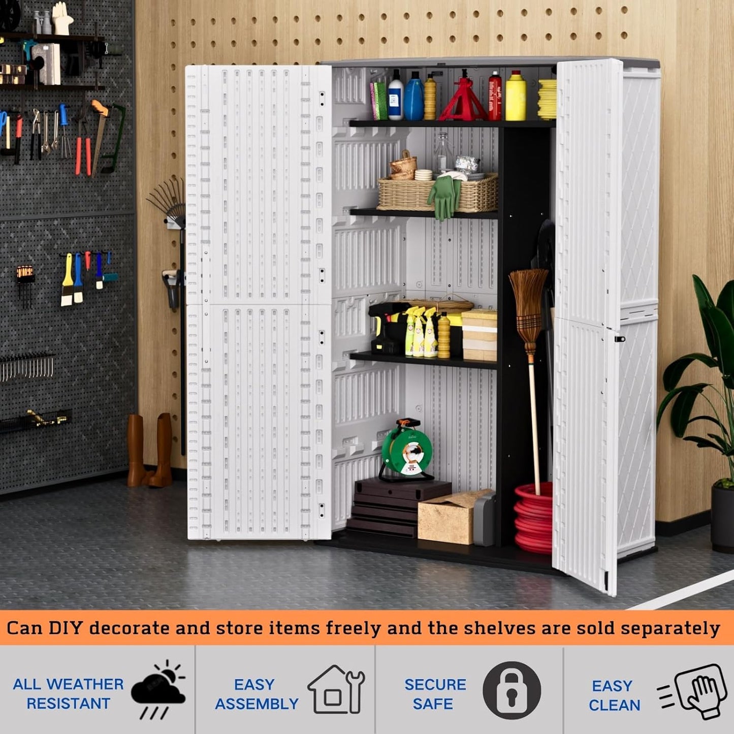 ZZM Resin Outdoor Storage Shed, 67 Cu.ft Vertical Resin Tool 4x6 FT Cabinet w/o Shelf for Garden, Patio, Backyard, All-Weather Outdoor Plastic Storage Clearance, Lockable with Floor (Light-White)