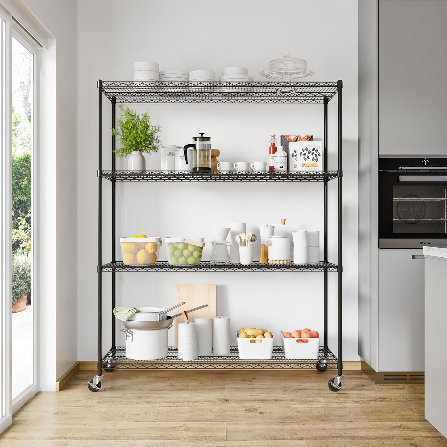 Seville Classics UltraDurable Heavy Duty NSF Solid Steel Wire Rack Storage Unit, Organizer for Garage, Warehouse, Office, Restaurant, Classroom, Kitchen, Black, 4-Tier Shelving, 60" W x 24" D
