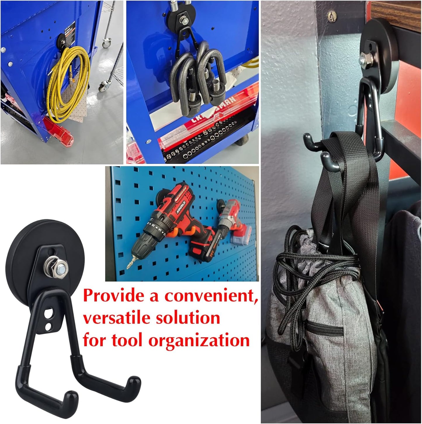 MUTUACTOR Powerful Magnetic Hooks,Non-Slip Heavy Duty Magnetic Hooks for Hanging,Magnetic Mount Strong Metal Storage Hooks for Organize Garage Tools Power Drill Driver Tool Chest Locker(4Pack,Black)