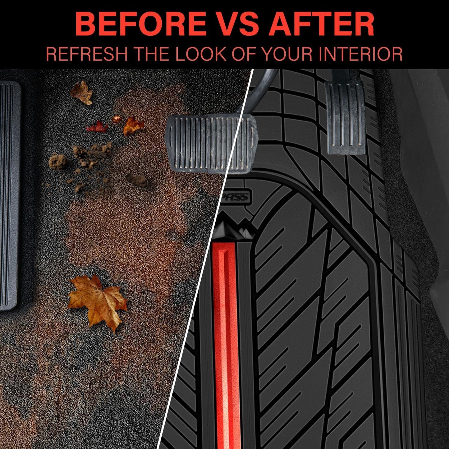 CAR PASS Metal Medium Rubber Floor Mats for Car Heavy Duty Car Mats All Weather, Universal Trim to Fit for Truck SUV Vehicle Automotive Floor Mats, Waterproof Car Mats 4 Piece Black and Red