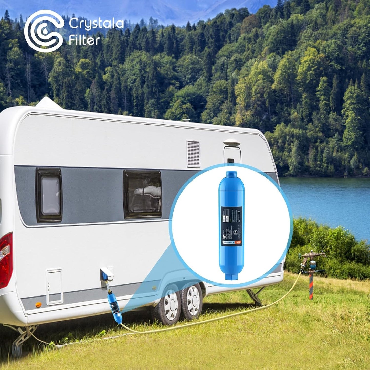 CRYSTALA RV/Camper Water Filter, Inline Water Filter Effectively Reduces Bad Taste, Odors, Chlorine and Sediment for RVs and Marines, 4 Pack Filter with 2 Flexible Hose Protector