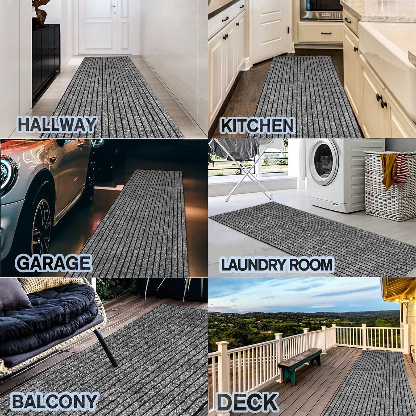 Custom Size Backed Non-Slip Area Rugs Runner, Easy Clean, Waterproof Runner Rugs for Hallway Entryway, Kitchen, Laundry, 3FT x 54FT, Gray Stripe