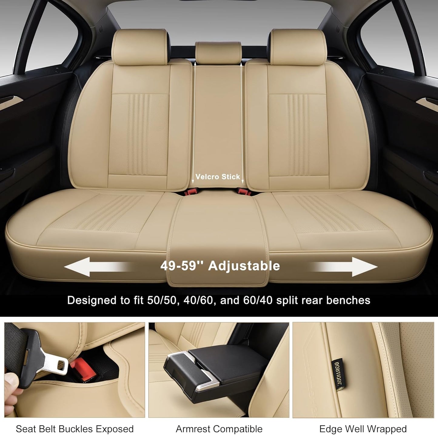 Car Seat Covers Full Set, Front and Rear Seat Covers for Cars, Waterproof Leather Auto Seat Protectors with Head Pillow, Car Seat Cushions Fit for Most Sedans SUV Pick-up Truck, Beige