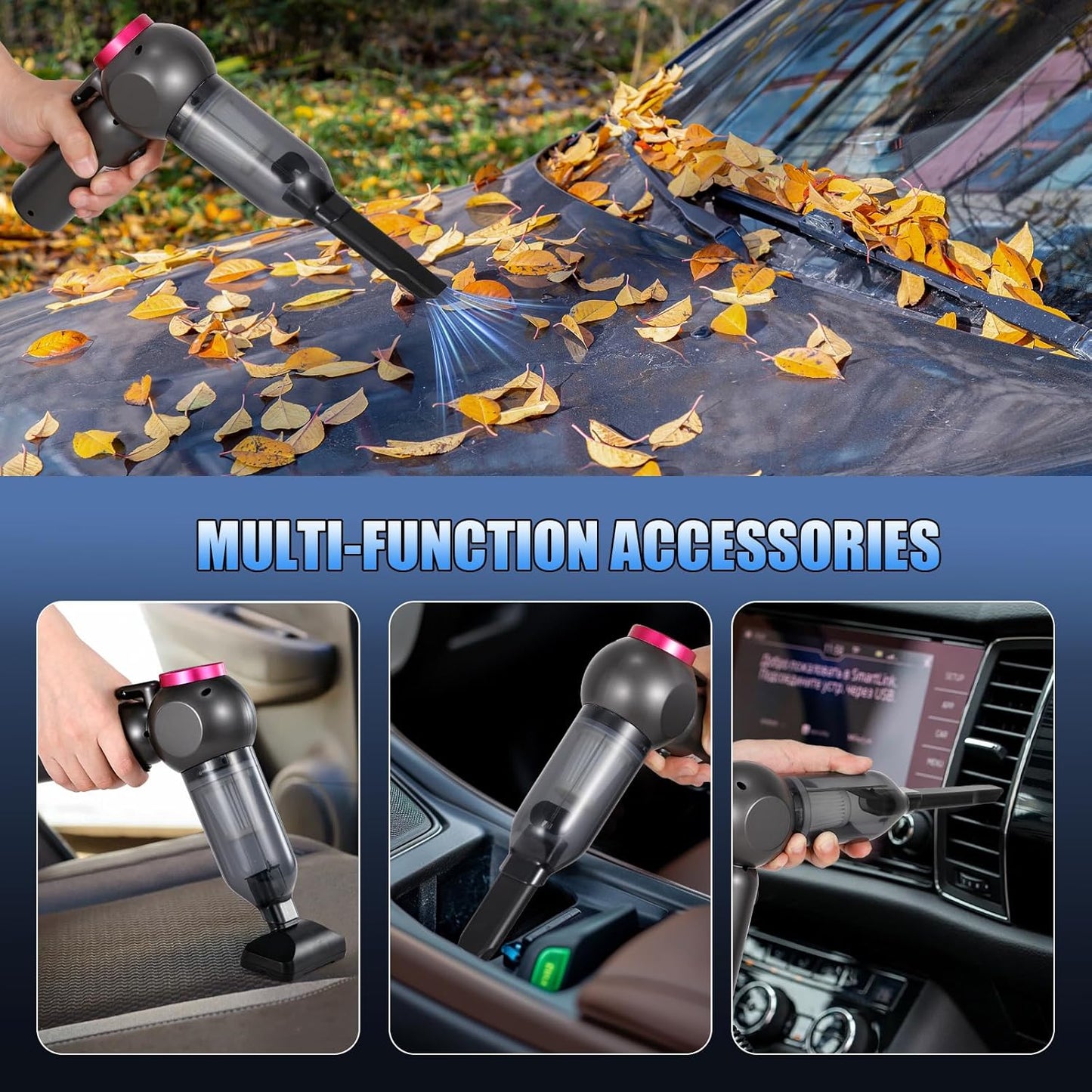 Car Vacuum Portable Handheld Cordless Vacuums, 20000PA Suction, 6000mAh Blower, Window Breaker, Seatbelt Cutter for Car, Home & Office Cleaning