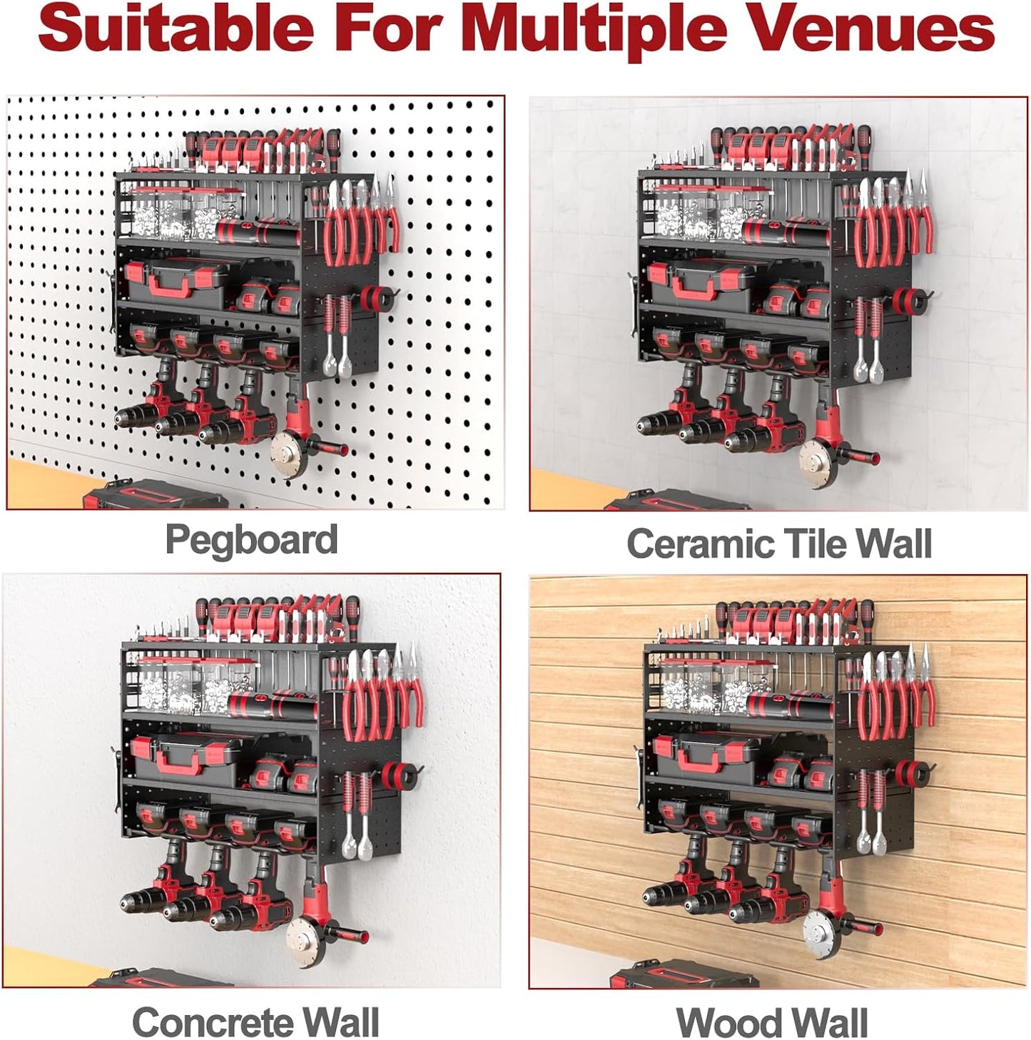 Power Tool Organizer Wall Mount - 4 Layer Metal Power Tool Storage Rack, Cordless Drill Holder with 4 Hooks, Utility Storage Rack for Garage Workshop Shed Pegboard