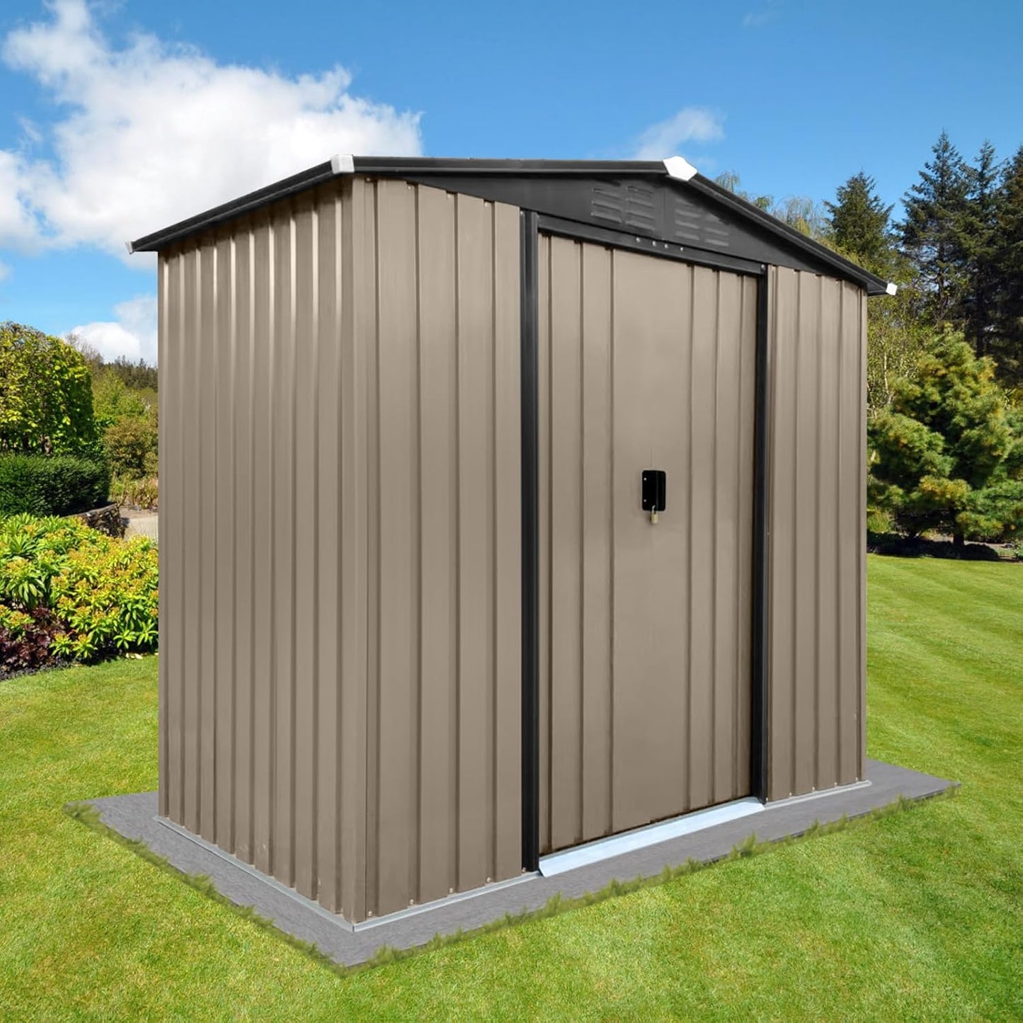4 x 6 FT Metal Garden Shed, Outdoor Storage Shed with Sliding Doors, Rust-Resistant Steel Construction for Tools, Hobbies & Workshop Use, Brown