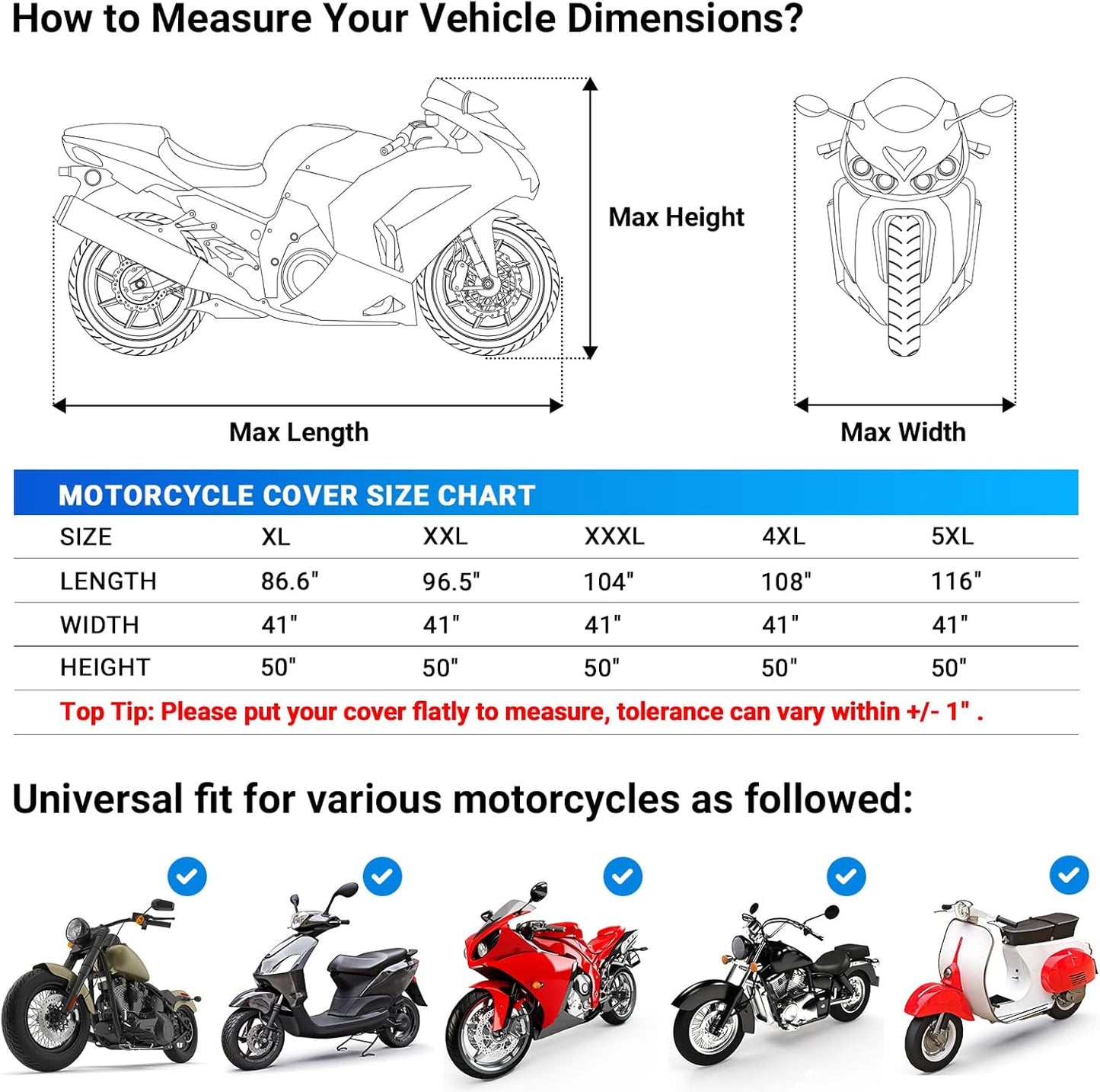 Favoto Motorcycle Cover Universal Heavy Duty Oxford Fabric with Lock-Hole 3 Night Reflectors Windproof Buckles Carrying Bag Waterproof Rain Dust Sun Outdoor Protection Silver, 96.5 inch