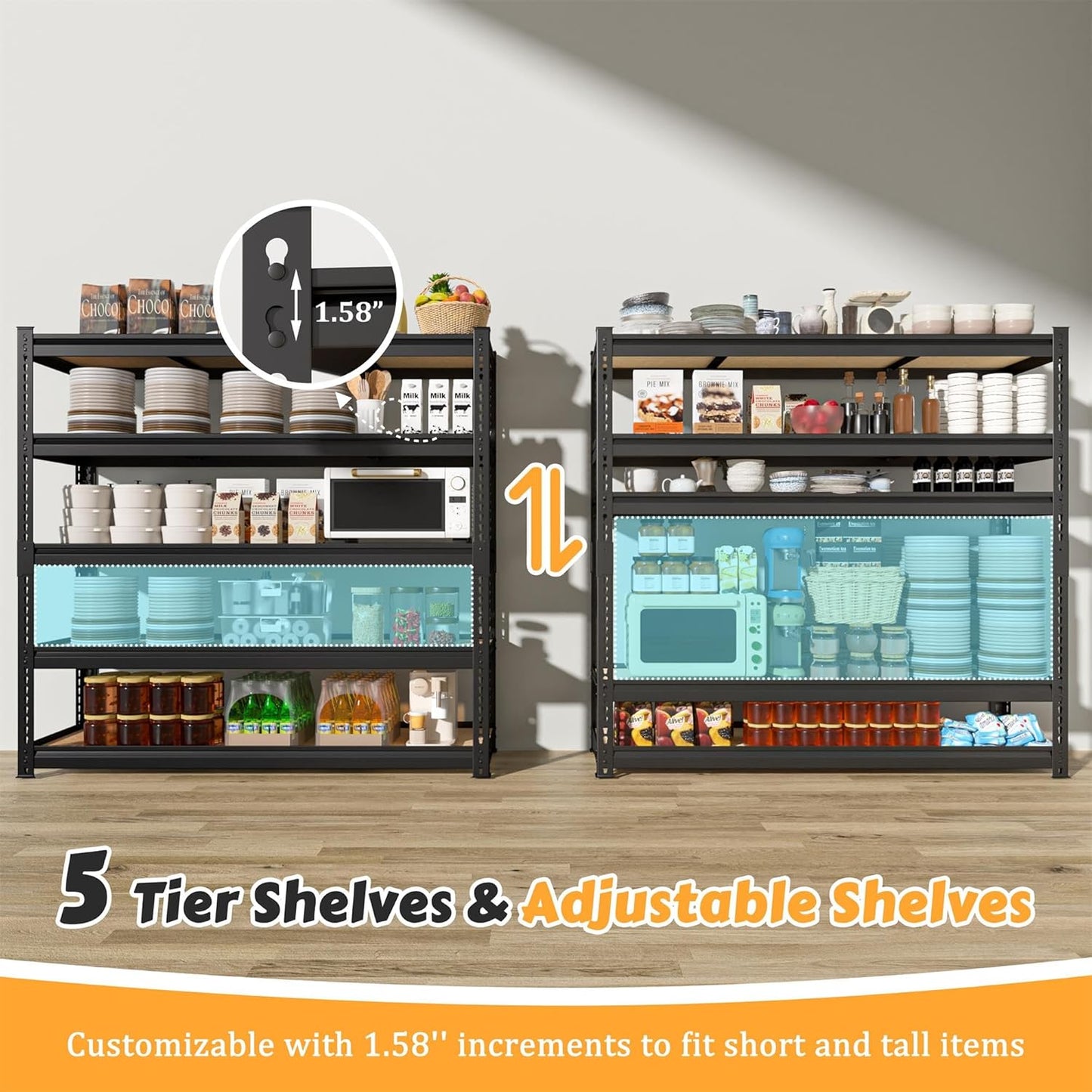 MUPATER 47.83" W x 23.82" D x 72.05" H Metal Storage Shelf, 5 Tier Adjustable Garage Shelving Unit, Standing Utility Rack for Warehouse Kitchen