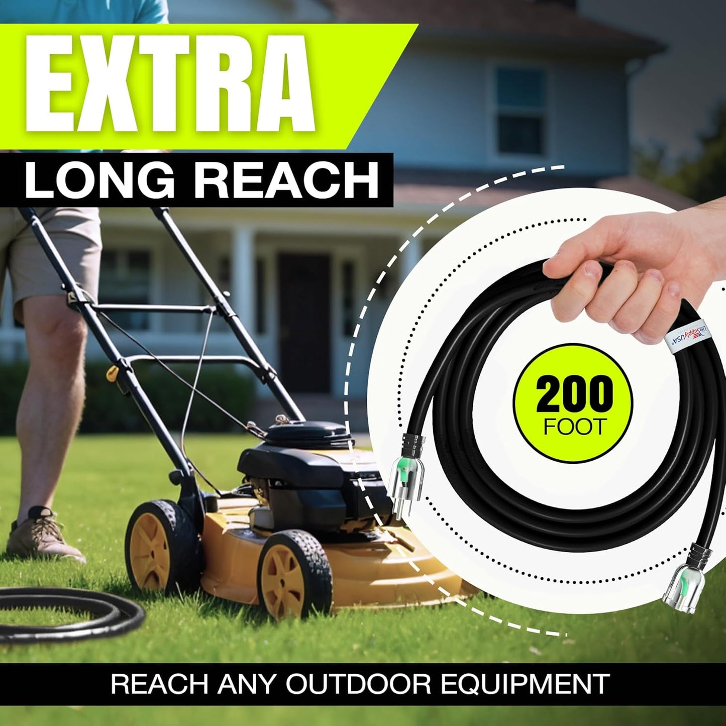 200ft Outdoor/Indoor Extension Cord 10/3 Gauge Ultra Heavy Duty 3 Prong SJTW, Waterproof, Flexible Cold-Resistant Long Power Cord,10A 125V 1000W, Black by LifeSupplyUSA