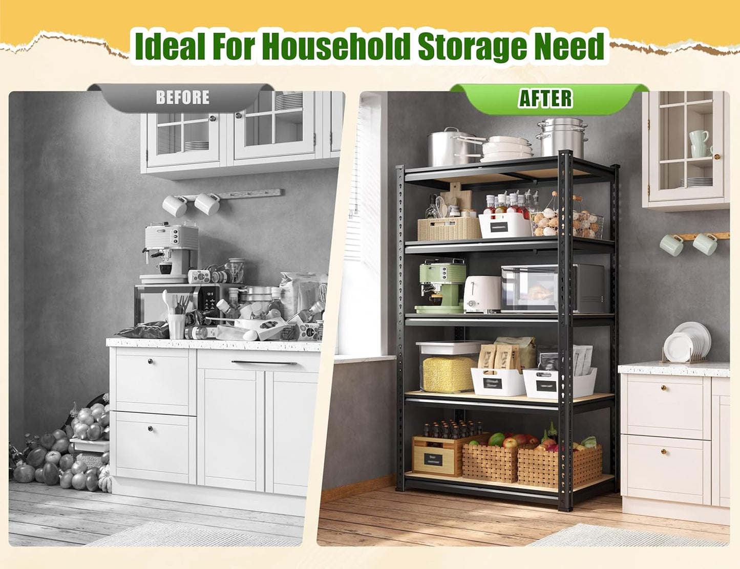 Set of 2 Storage Shelves, 27.7"W Metal Shelving 2010LBS Garage Shelving Heavy Duty Garage Shelves Adjustable Metal Shelf for Pantry Kitchen Closet Basement Warehouse 11.9"D × 27.7"W × 60"H