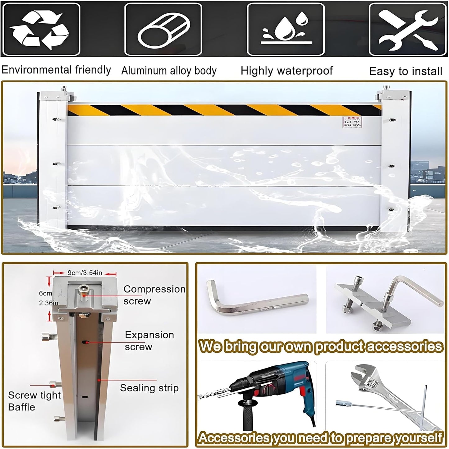 Flood Barriers for Home Exterior,Aluminum Alloy Outdoor Garage Doors Water Barriers for Flooding(H55Inch,L4.5FT)