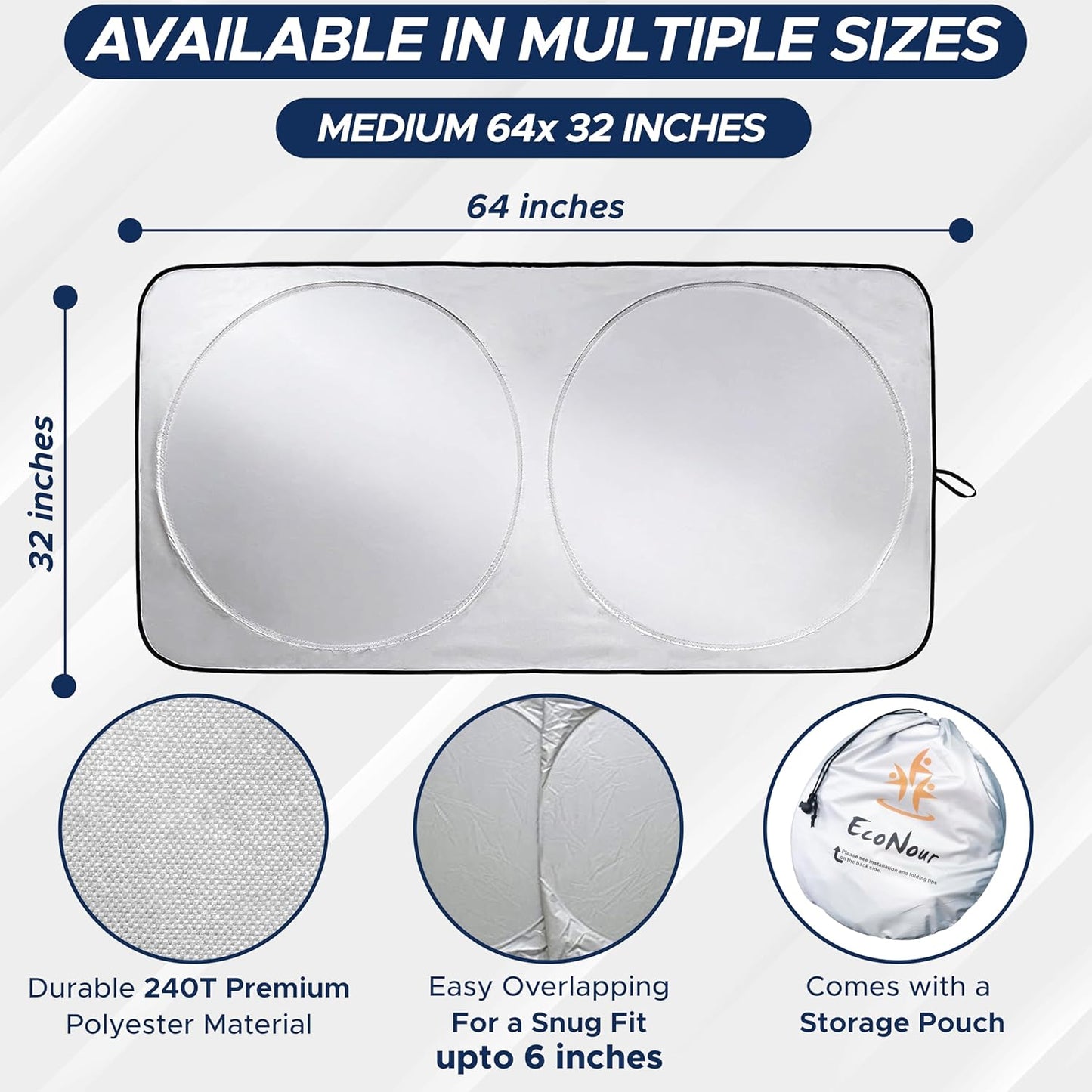 EcoNour Patented Design Car Windshield Sun Shade | Blocks 99% Heat & Keeps Interior Cool | Fits Cars, SUVs, Trucks | Automotive Sun Screen, Visor & Car Accessories for Summer | Medium (64x32 Inches)