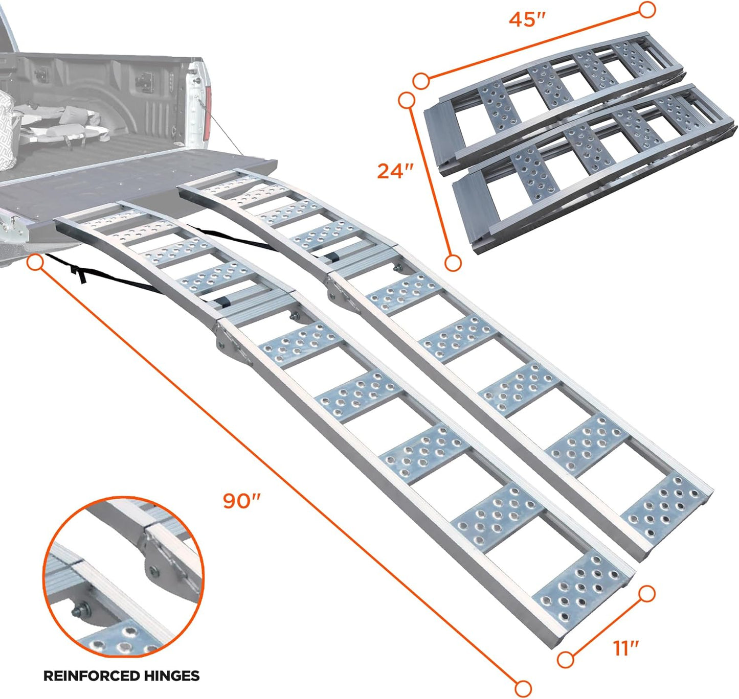 Rockland Foldable Arched Aluminum Loading Ramp, 90'' x 11'', 1500 LBS Loading Capacity, Portable Ramp for Motorcycles, Ebikes and ATVs, 2 Pcs, with 2 Safety Straps Included