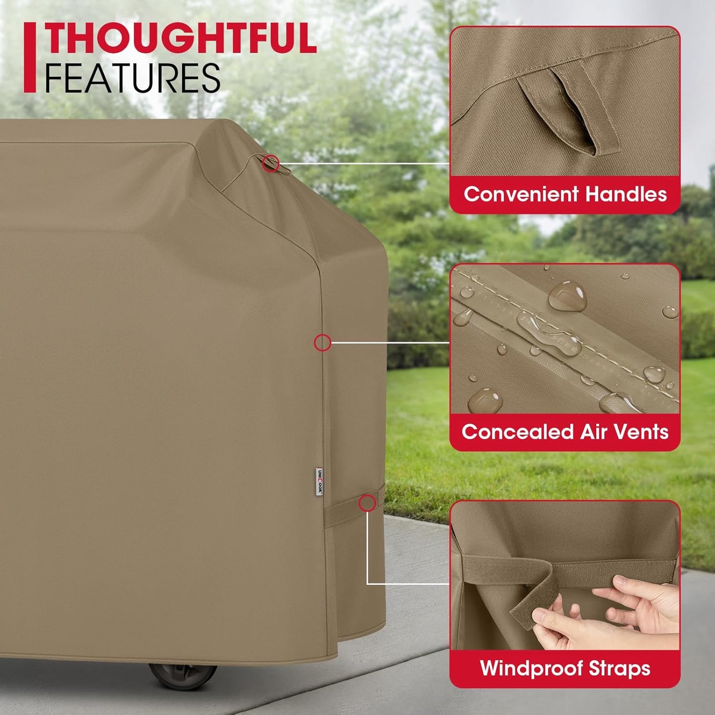 Unicook Grill Cover 60 Inch, Heavy Duty Waterproof Gas Grill Cover for Outside, Fade Resistant Barbecue Protector with Sealed Seam, Fits Weber Char-Broil Nexgrill BBQs up to 58" Wide,Neutral Taupe