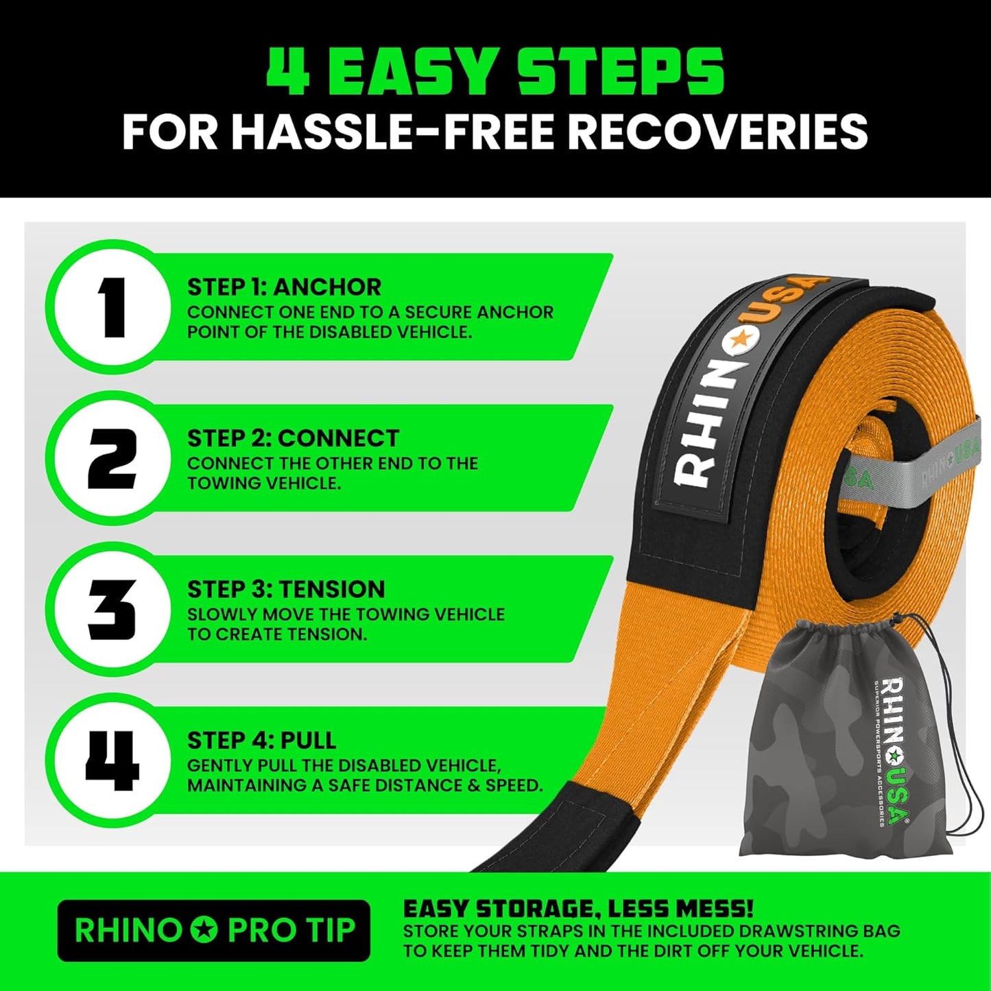 Rhino USA Recovery Tow Strap (4"x30') - 40,320lb Break Strength - Emergency Recovery Strap Tow Rope for Diesel Trucks, Backhoe, Excavators & More - Heavy Duty Towing Strap for Offroad 4x4 Use (Orange)