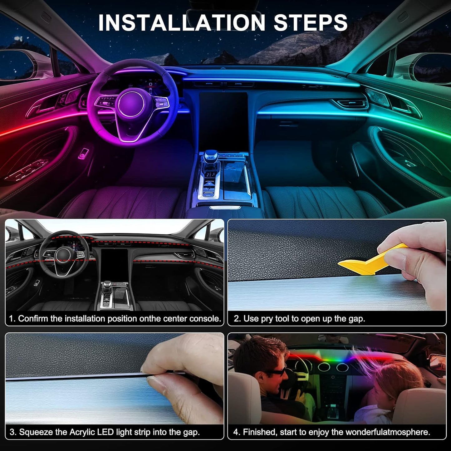 Acrylic Interior Car LED Strip Light with Wireless APP, RGB Dreamcolor 5 in 1 Ambient Lighting Kits, 16 Million Colors Sound Active Function Car Neon Lights, Sync to Music (dreamcolor 5 in 1)