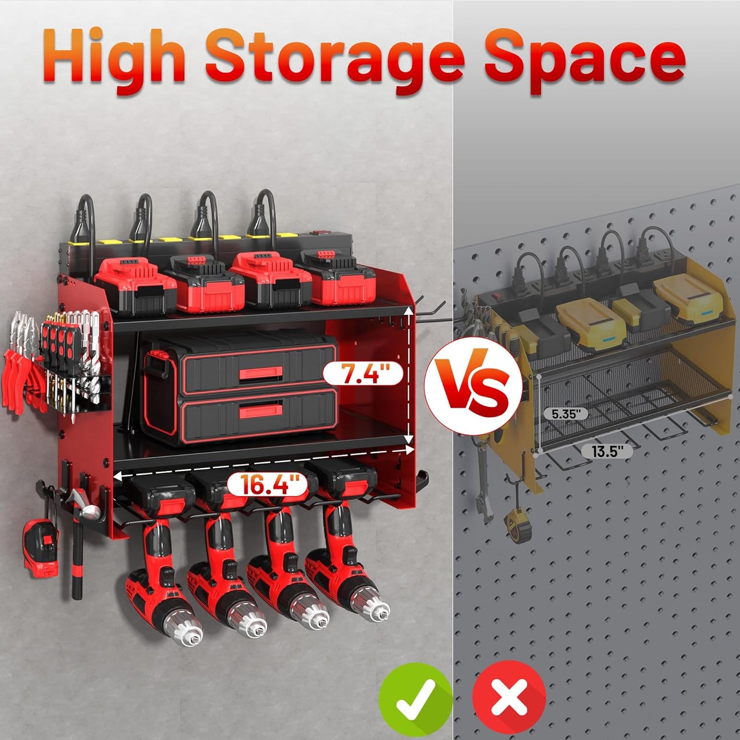 Power Tool Organizer Wall Mount wtih Charging Station,4 Drill Holder Wall Mount with 8 Outlet Power Strip,3 Layers Heavy Duty Tool Rack with Hooks,Screwdriver Organizer in Workbench,Garage