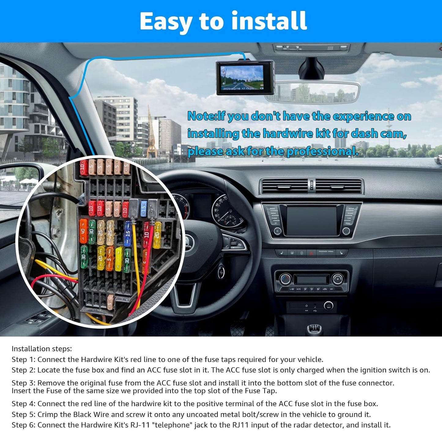 Radar Detector Hardwire Kit,Compatible with Escort Valentine One Uniden Beltronics Cobra,with RJ-11 Telephone Style Jack Direct Wire Wiring Kit Multiple Fuse Sizes Power Cord Cable