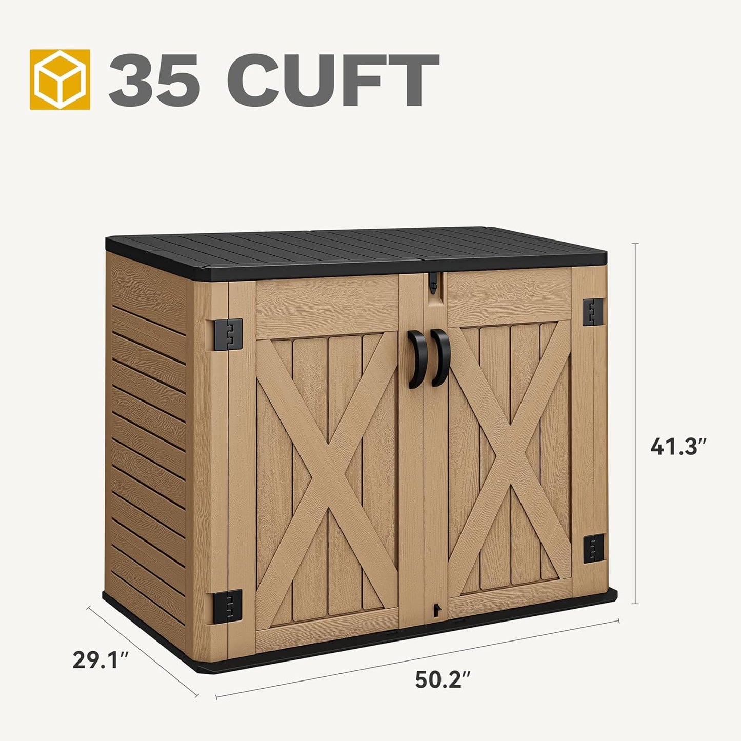 DWVO Outdoor Storage Shed, Weatherproof Resin, 35 Cu Ft Capacity, Horizontal Design, X-Shaped Lockable Door, Suitable for Bike, Garden Tools, Trash Cans, Brown