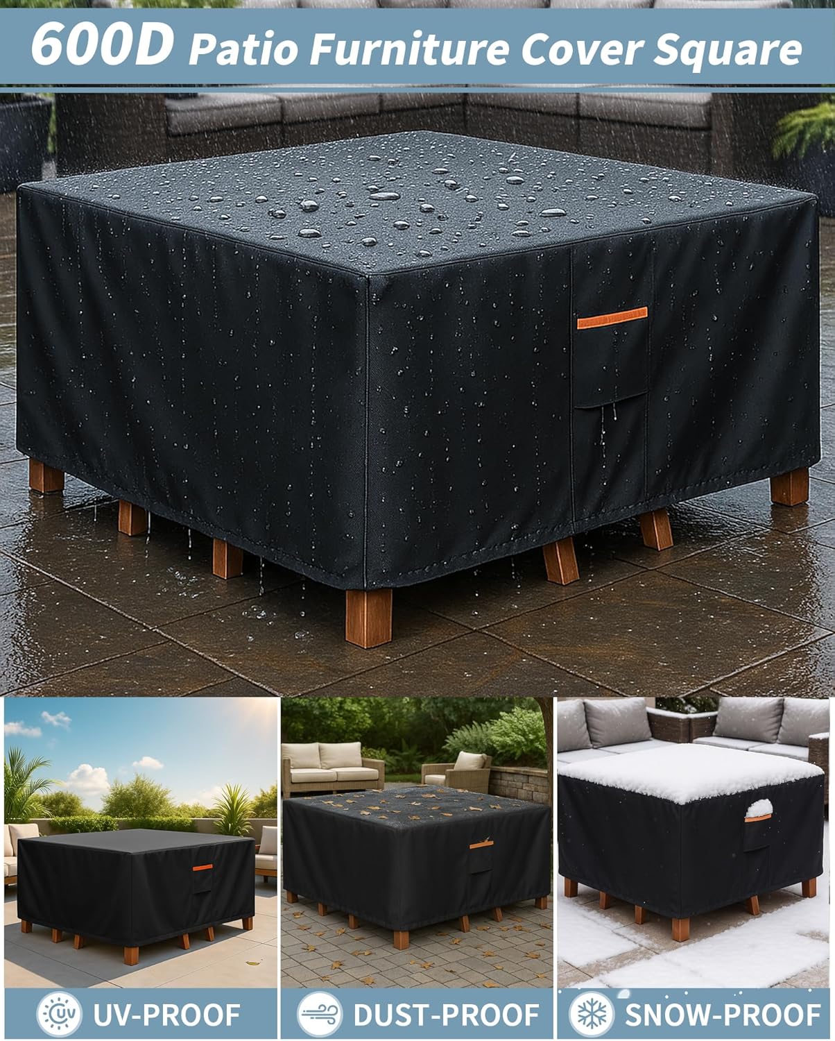 Outdoor Waterproof Furniture Cover, 54W x 54L x 28H inches Heavy Duty 600D Square Table and Chair Set Protection, Black